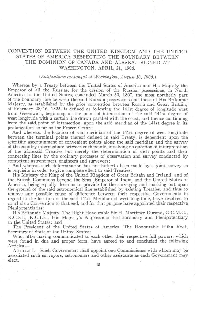 Convention between the United Kingdom and the United States of America respecting the boundary between the Dominion of Canada and Alaska.